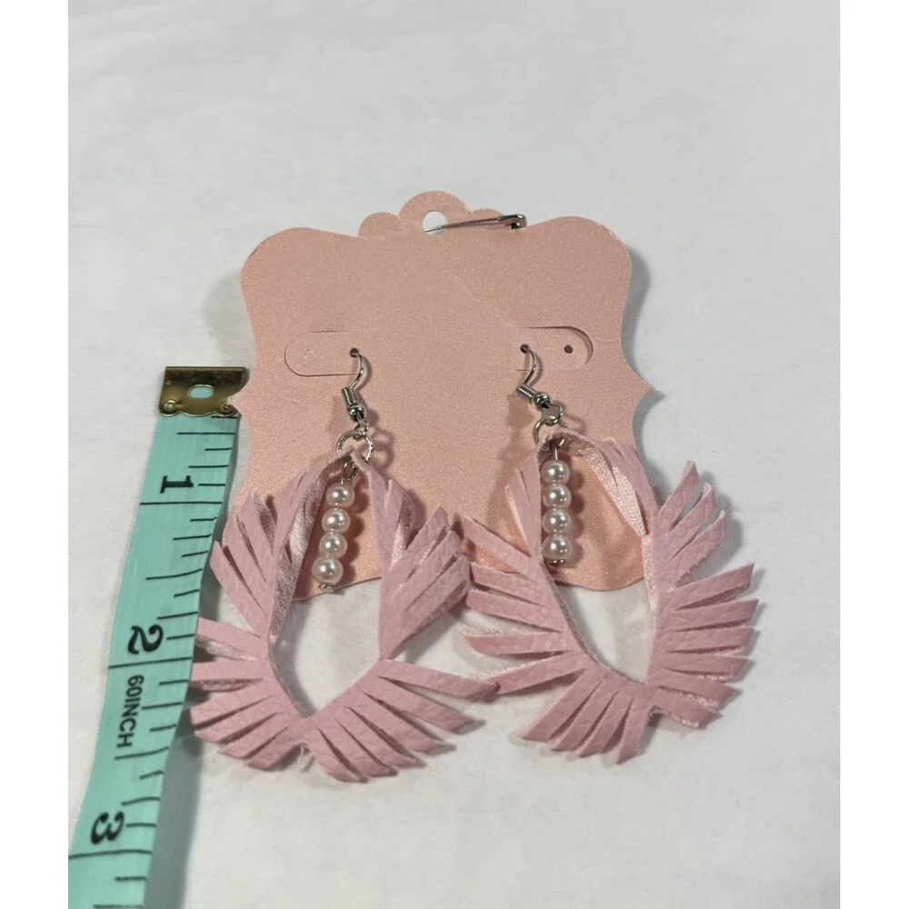 Handmade 3D Sculptured Pink Leather Feather Earrings with Pearl Accents